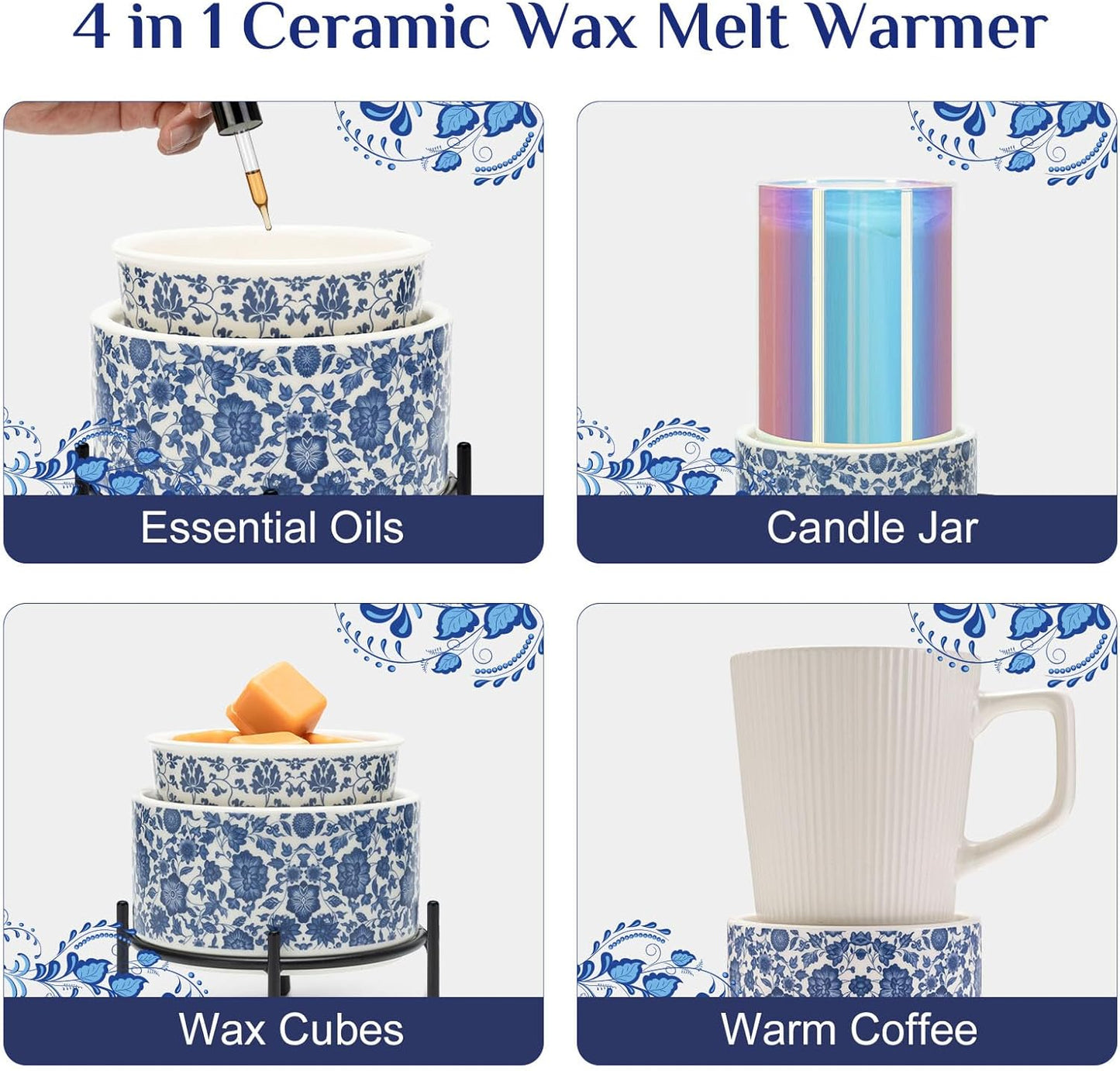 Blue & White Porcelain Pattern Wax Melt Warmer,Ceramic 3-in-1 Electric Candle Wax Warmer for Scented Wax Melter Oil Burner for Home Office Bedroom Gift & Decor (with KD Iron Shelf)