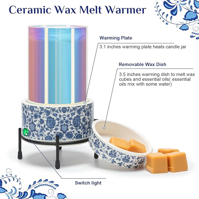 Blue & White Porcelain Pattern Wax Melt Warmer,Ceramic 3-in-1 Electric Candle Wax Warmer for Scented Wax Melter Oil Burner for Home Office Bedroom Gift & Decor (with KD Iron Shelf)