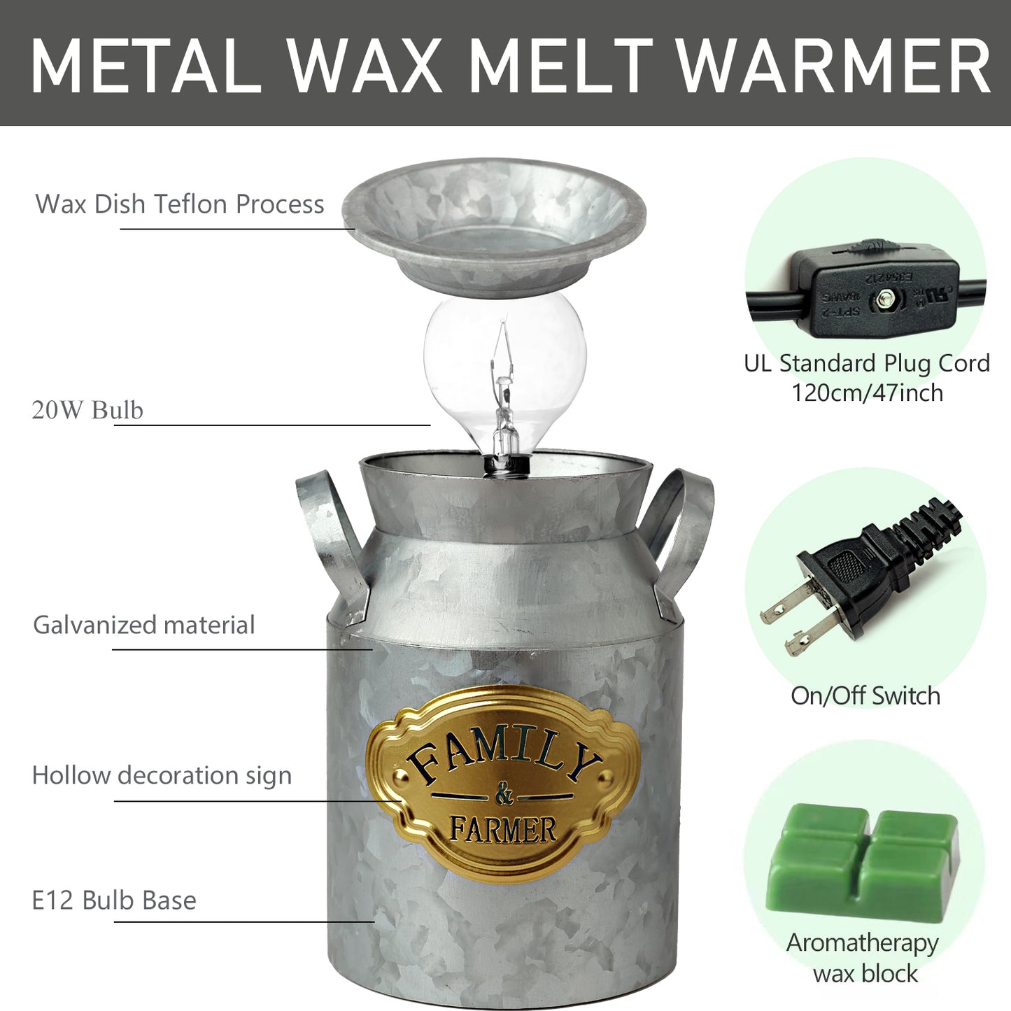 YSong Galvanized Sheet Milk can Metal Wax Melt Warmer, Scented Wax Warmer. Scented Wax Burner, Spa and Aromatherapy Ideal Gifts & Decor with 1 Box Scent Wax