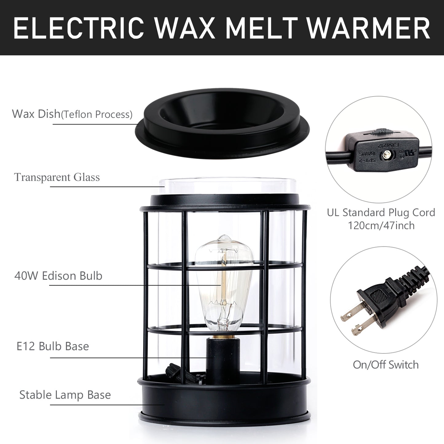 YSONG Electric Wax Melt Warmer, Candle Wax Burner Fragrance Warmer with Edison Bulbs, Metal Wax Warmer for Scented Wax Melts and Tarts or Fragrance Oils. Spa and aromatherapyIdeal Gifts & Decor