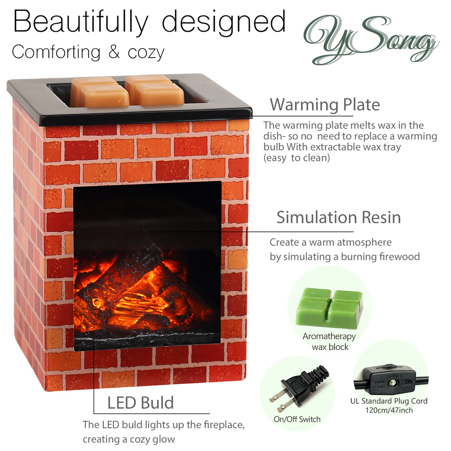 YSONG Fireplace Illumination Fragrance Wax Warmer, Electric Wax melt Warmer,for Scented Wax Melt and Tarts or Fragrance Oils,Ideal Gifts & Deco with 1 Box Scent Wax (Wall Tile Style)